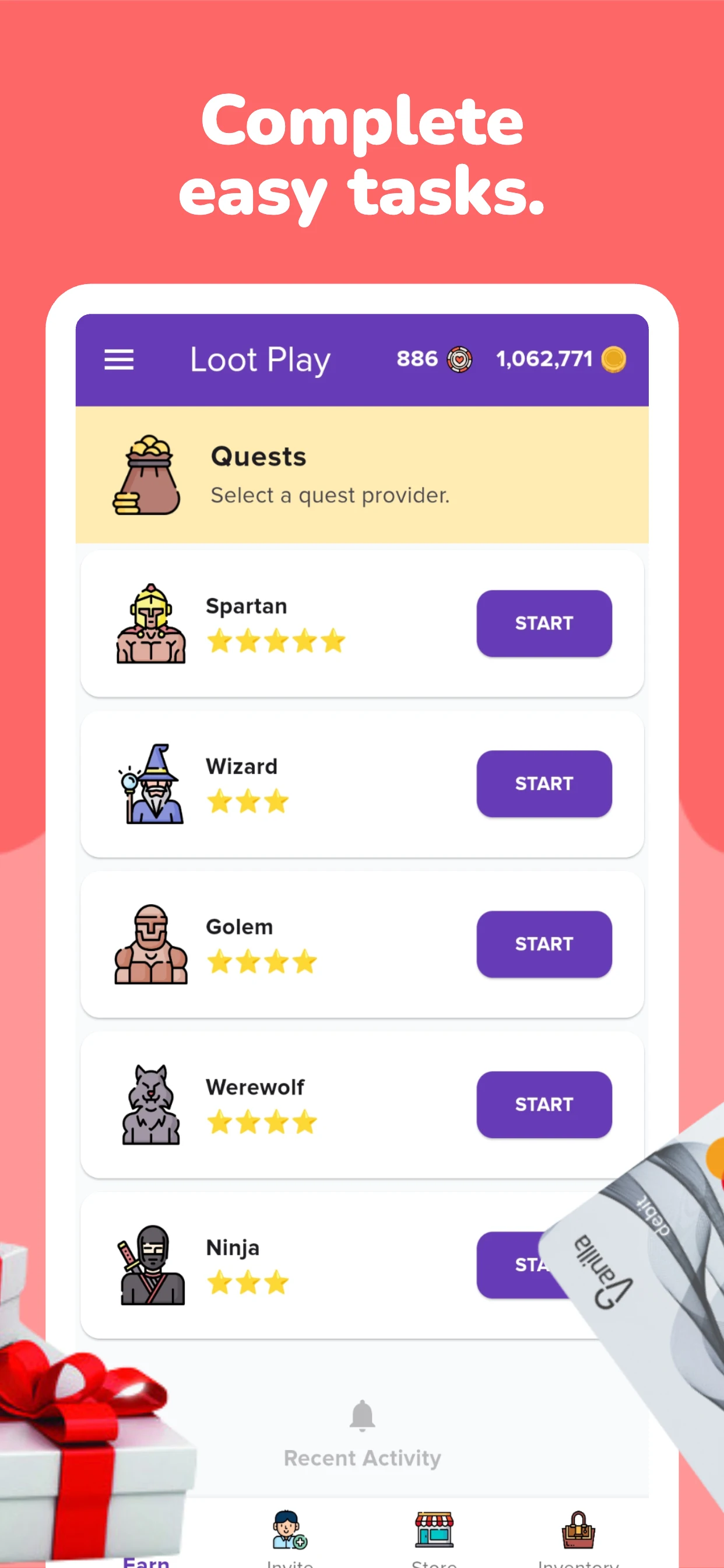 The quests screen, showing quest providers such as Spartan, Wizard, Golem, Werewolf and Ninja with star ratings.