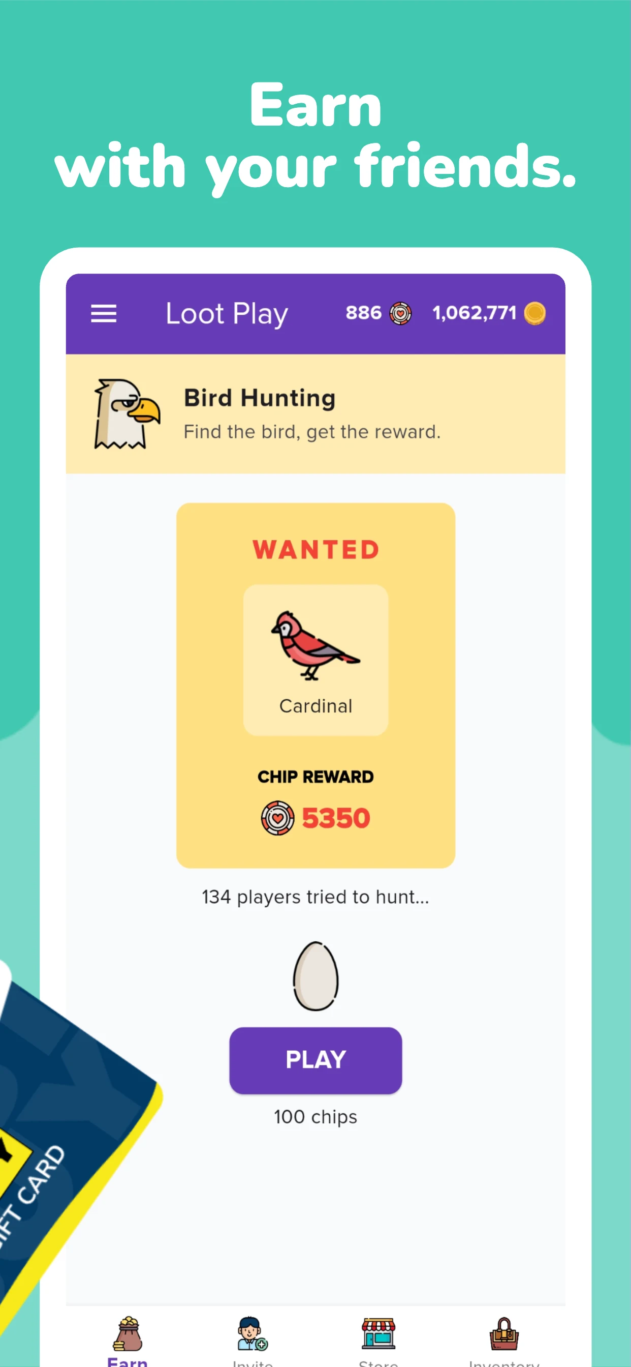The Bird Hunting minigame, showing a wanted Cardinal with a 5350 chip reward.